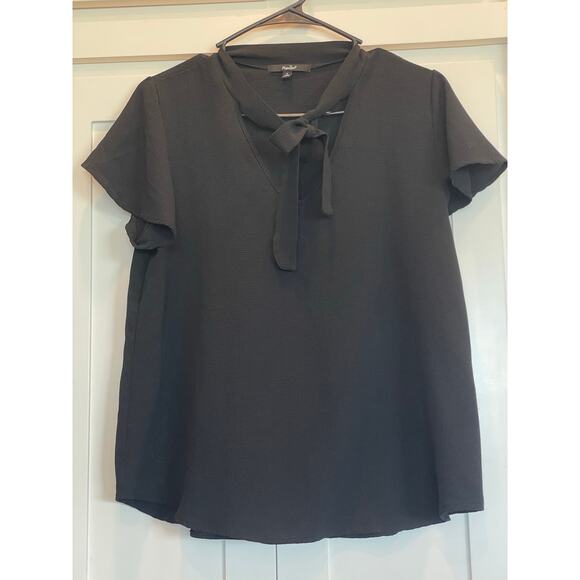 Papaya Black short flutter sleeve blouse with v neck and tie Large - Picture 1 of 6